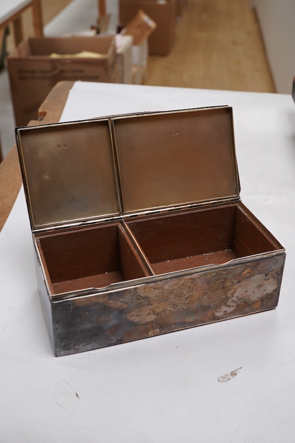 A Victorian silver rectangular cigarette box, by George Unite, with two interior lidded cedar wood lined compartments and engraved WS monogram, London, 1885, 17.9cm. Provenance - formerly the property of Walter Shoolbred